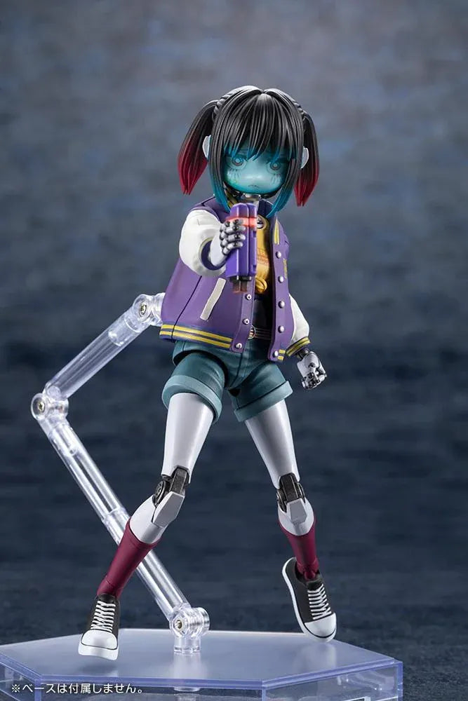 Milky Subway The Galactic Limited Express Makina Model Kit Figure featuring a robotic anime girl with black twin-tail hair, a blue-tinted face, a purple varsity jacket with white sleeves, denim shorts, mechanical arms and legs, burgundy socks, and black-and-white sneakers.