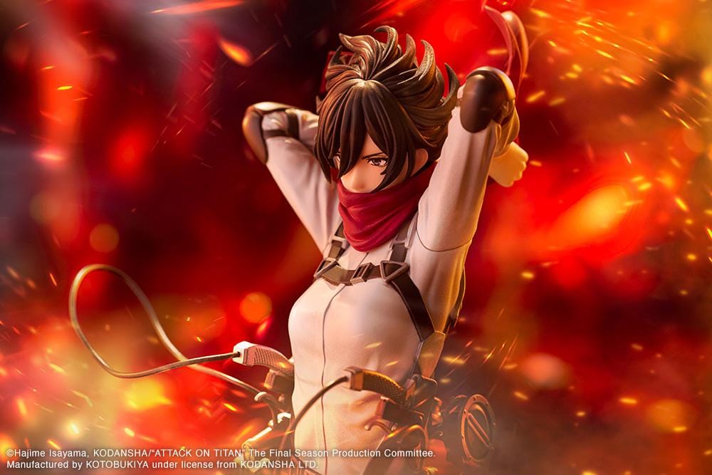 Attack on Titan Oshi Works Mikasa Ackerman The Final Season figure featuring Mikasa in her Survey Corps uniform adjusting her signature red scarf with detailed ODM gear