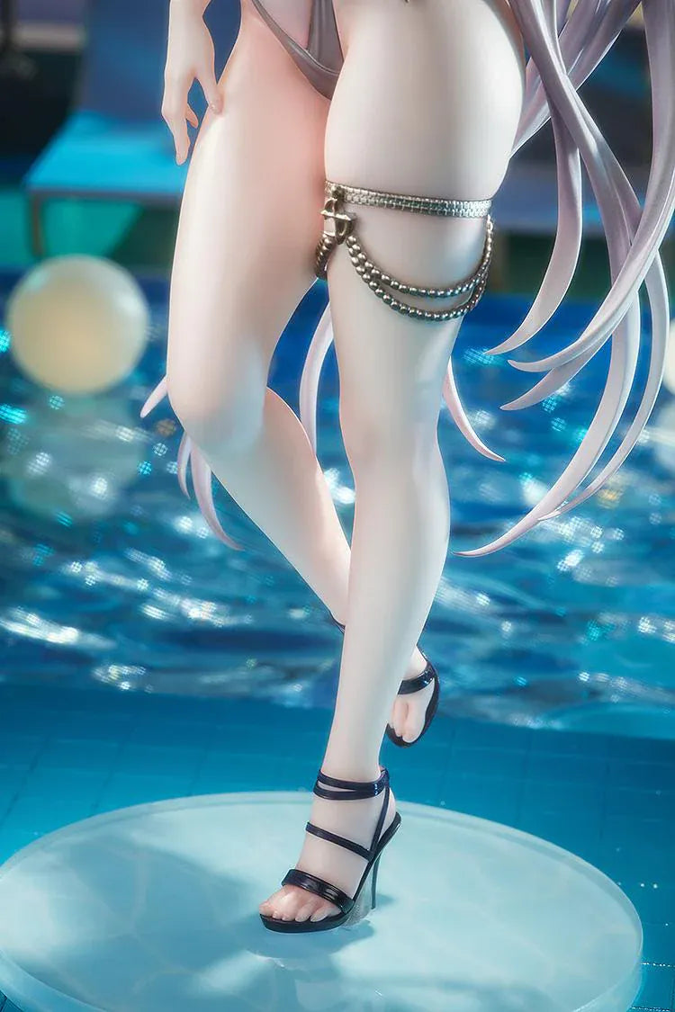 Azur Lane Agir Nightpool 1/6 Scale Figure featuring Agir with long silver hair, horn details, floral accessories, dark swimwear, and a water-inspired display base.