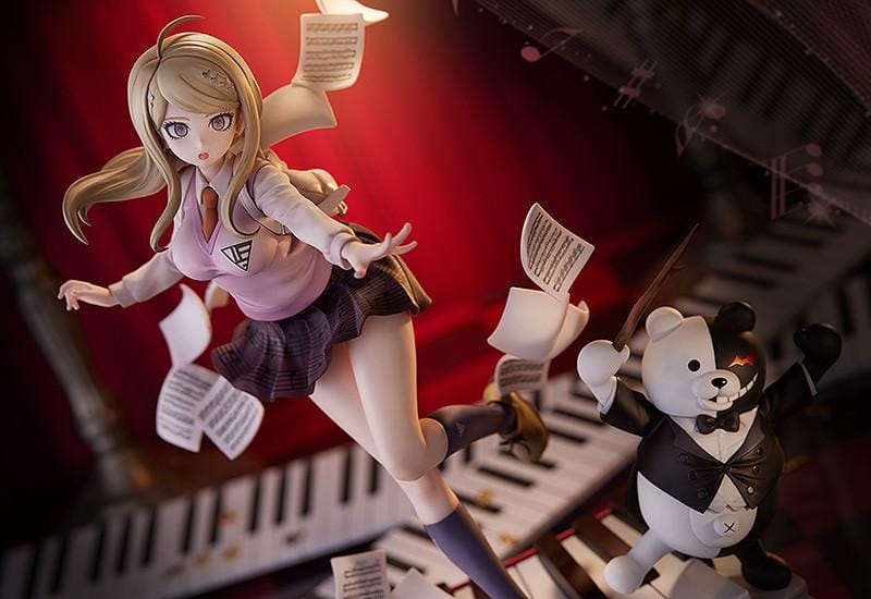 Danganronpa V3 Kaede Akamatsu 1/7 scale figure posed with floating sheet music and Monokuma on an ornate piano-key base.