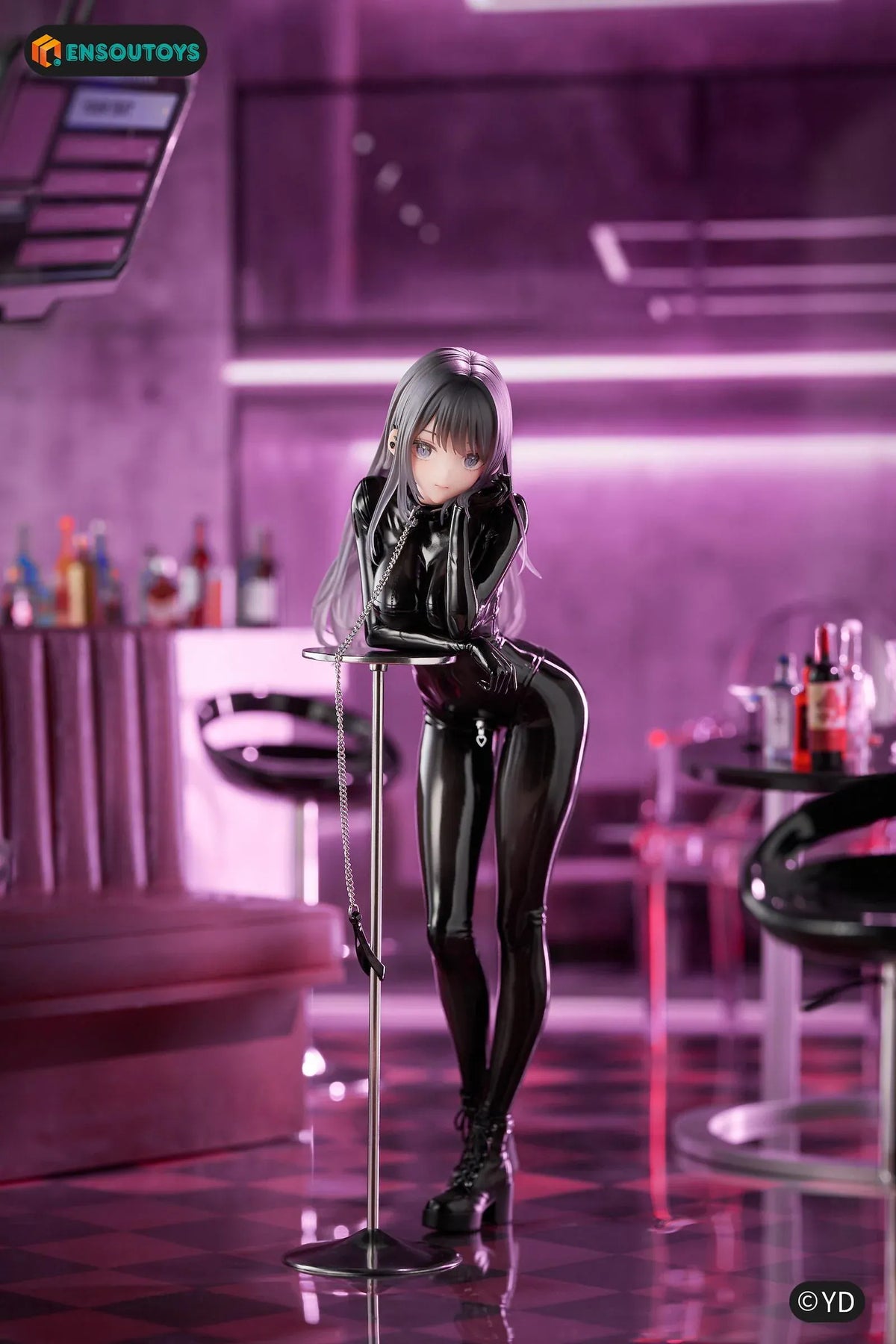 Illustration Dear My Rubber Kurokawa Miu 1/6 Scale Figure featuring Kurokawa Miu with long gray hair, blue eyes, glossy black outfit, chain accessory, and modern display pose.