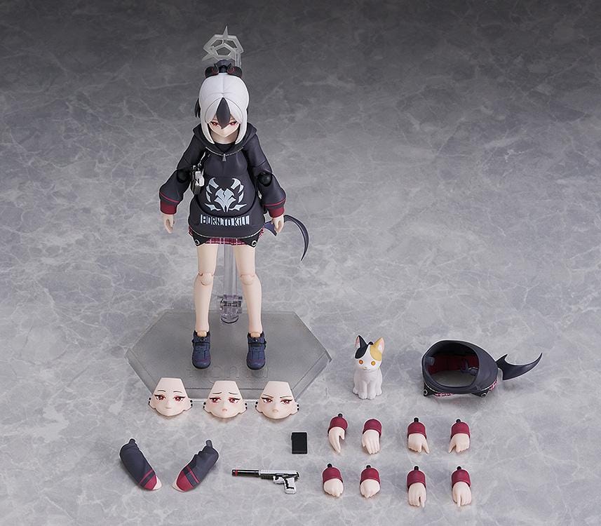 Blue Archive figma Kayoko Onikata Figure with black hoodie, plaid skirt, two-tone hair, halo detail, and tail