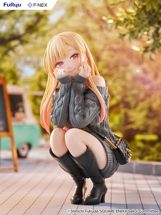 My Dress-Up Darling Kitagawa Marin knit ver. 1/6 Scale Figure featuring Marin with long blonde hair, gray oversized sweater, black boots, quilted bag, and crouching pose.