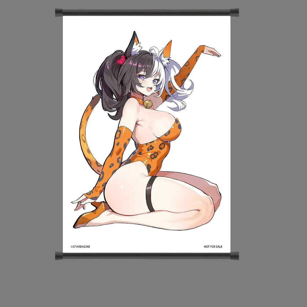 Astral Party Nancy Lu Special Edition 1/6 Scale Figure featuring a black and white-haired anime girl with purple eyes wearing an orange leopard-print bodysuit, animal ears, and a spotted tail, posed beside a colorful roulette wheel with matching illustrated bonuses.
