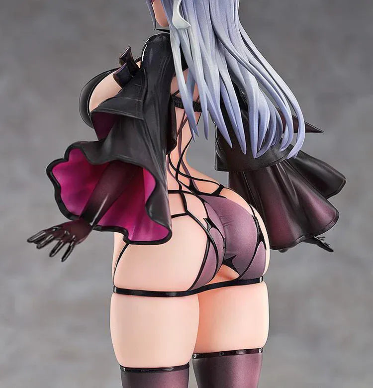 1/7 scale figure of Modernia from Goddess of Victory: Nikke in her Second Affection outfit, wearing a black coat with crimson lining and large mechanical wing units extending from her sides.