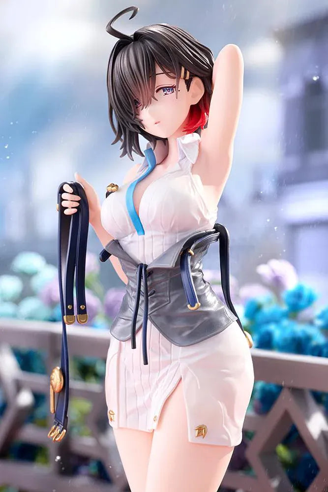 Atelier Yumia The Alchemist of Memories & the Envisioned Land Yumia Liessfeldt Sun Shower Ver. 1/7 Scale Figure featuring a short black-haired anime woman with blue eyes wearing a white outfit, black corset, and black ankle boots while holding a dark strap on a circular display base.