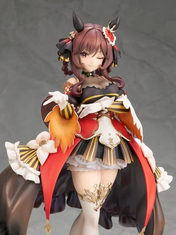 Umamusume Pretty Derby Gentildonna 1/7 Scale Figure featuring a brown-haired horse girl with a playful wink, an elaborate black, red, and gold outfit, flowing decorative fabric, white ruffles, ornate accessories, elegant stockings, and gold-accented heels standing on a red and gold circular display base.