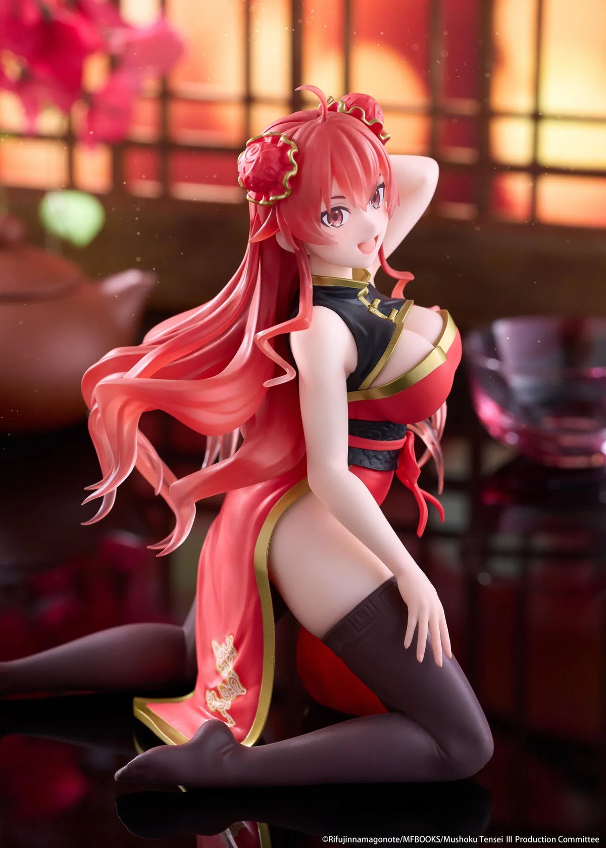 Mushoku Tensei Jobless Reincarnation Desktop Cute Eris Boreas Greyrat Chinese Dress Ver. Figure featuring long flowing red hair, red eyes, decorative twin buns, a red and black Chinese-inspired dress with gold accents, and dark thigh-high stockings in a playful kneeling pose.