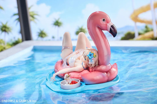 Brown Dust 2 Hot Summer Dream Justia 1/7 Scale Figure relaxing on a pink flamingo float with a water-themed display base