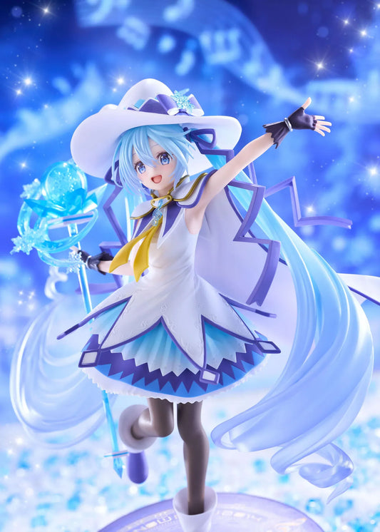 Snow Miku All Stars 2014 Ver. AMP+ figure wearing a white-and-blue snow sorceress outfit and holding a translucent magical staff.