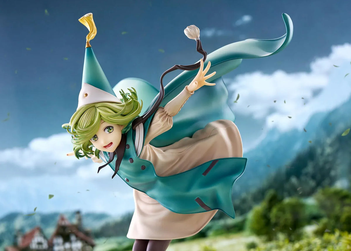 Witch Hat Atelier Coco 1/6 scale figure in a dynamic airborne pose wearing a pointed witch hat, cream dress, teal cloak, and golden shoes.