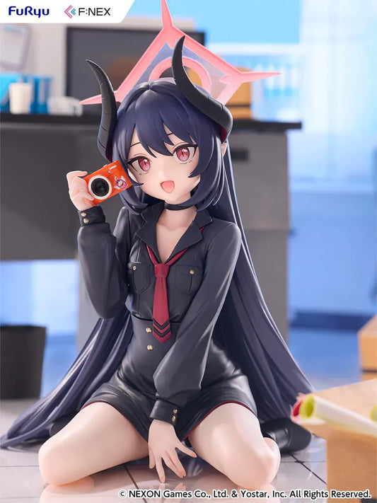 Blue Archive Chiaki Memorial Lobby Ver. 1/7 Scale Figure seated with dark outfit, horn details, pink halo, and camera accessory