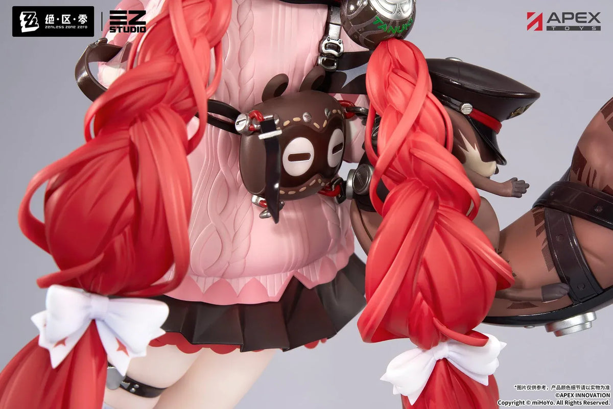 Zenless Zone Zero Yuzuha Ukinami 1/7 Scale Figure by APEX Toys featuring a red-haired anime girl with long braided twin-tails, green eyes, a pink jacket, layered red skirt, striped thigh-high stockings, and black boots while holding a large red umbrella on a circular display base.