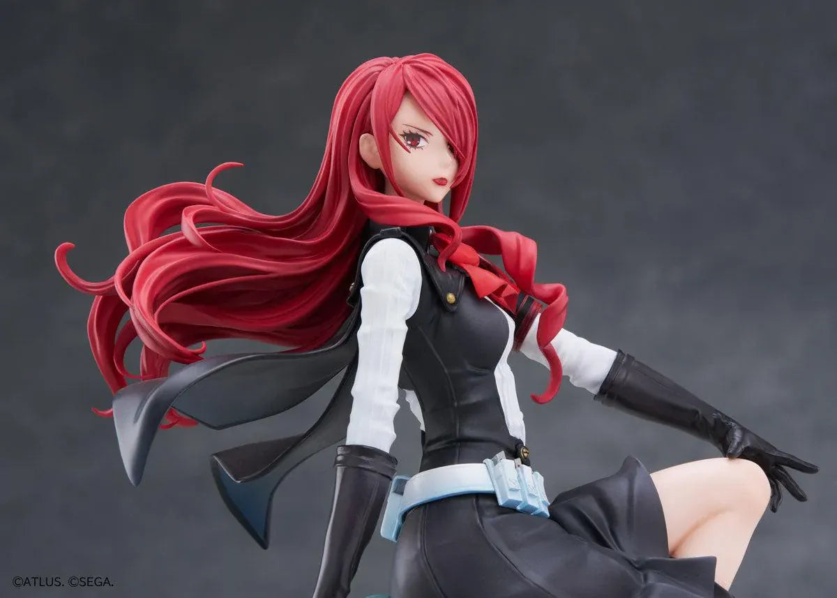 Persona 3 Reload Mitsuru Kirijo 1/7 scale figure seated on a blue crystalline pedestal, with flowing crimson hair, a black-and-white outfit, and a sword.