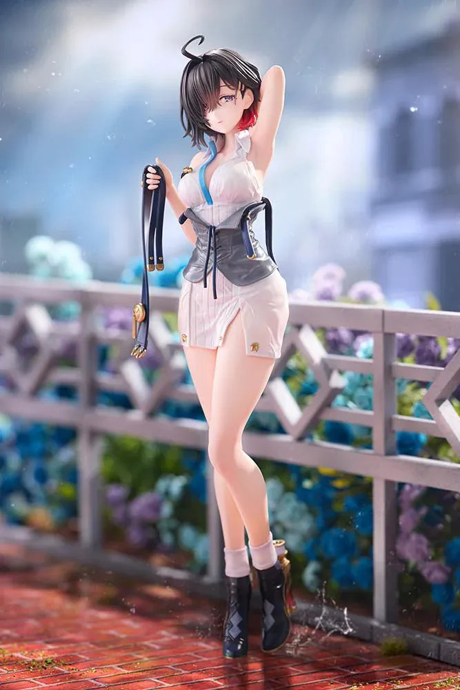 Atelier Yumia The Alchemist of Memories & the Envisioned Land Yumia Liessfeldt Sun Shower Ver. 1/7 Scale Figure featuring a short black-haired anime woman with blue eyes wearing a white outfit, black corset, and black ankle boots while holding a dark strap on a circular display base.