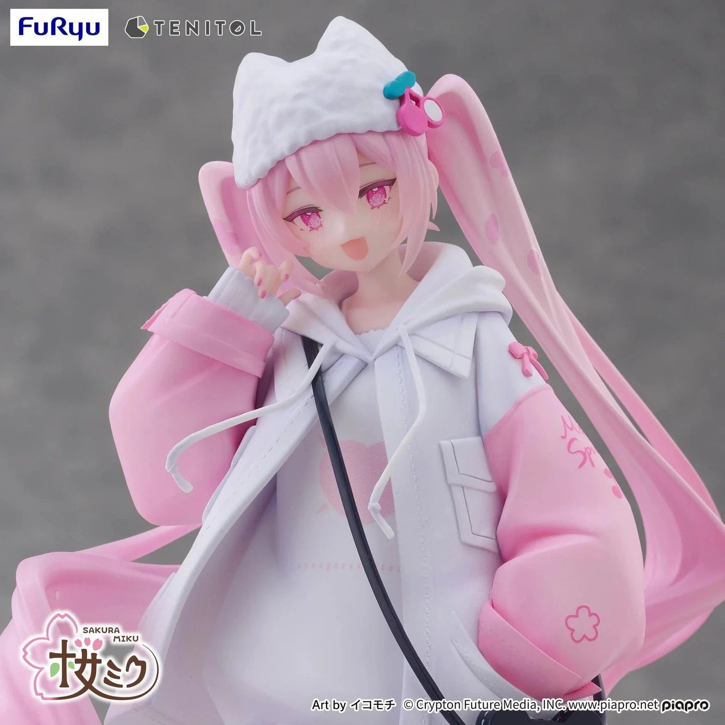 Vocaloid Tenitol Petit Sakura Miku Cool Style Figure featuring Sakura Miku in a pink and white hoodie outfit with twin-tails and a cat-shaped bag