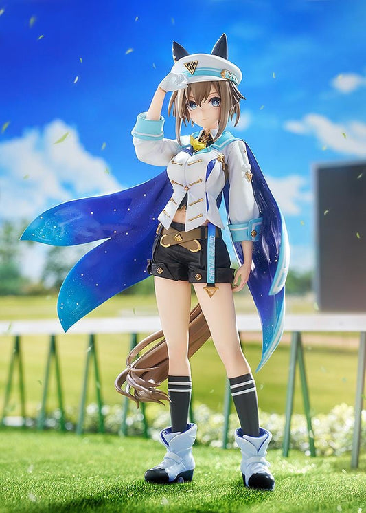 Umamusume Pretty Derby Cheval Grand 1/7 Scale Figure Rerelease featuring Cheval Grand with horse ears, blue-and-white race outfit, starry blue cape, cap, and sporty boots.