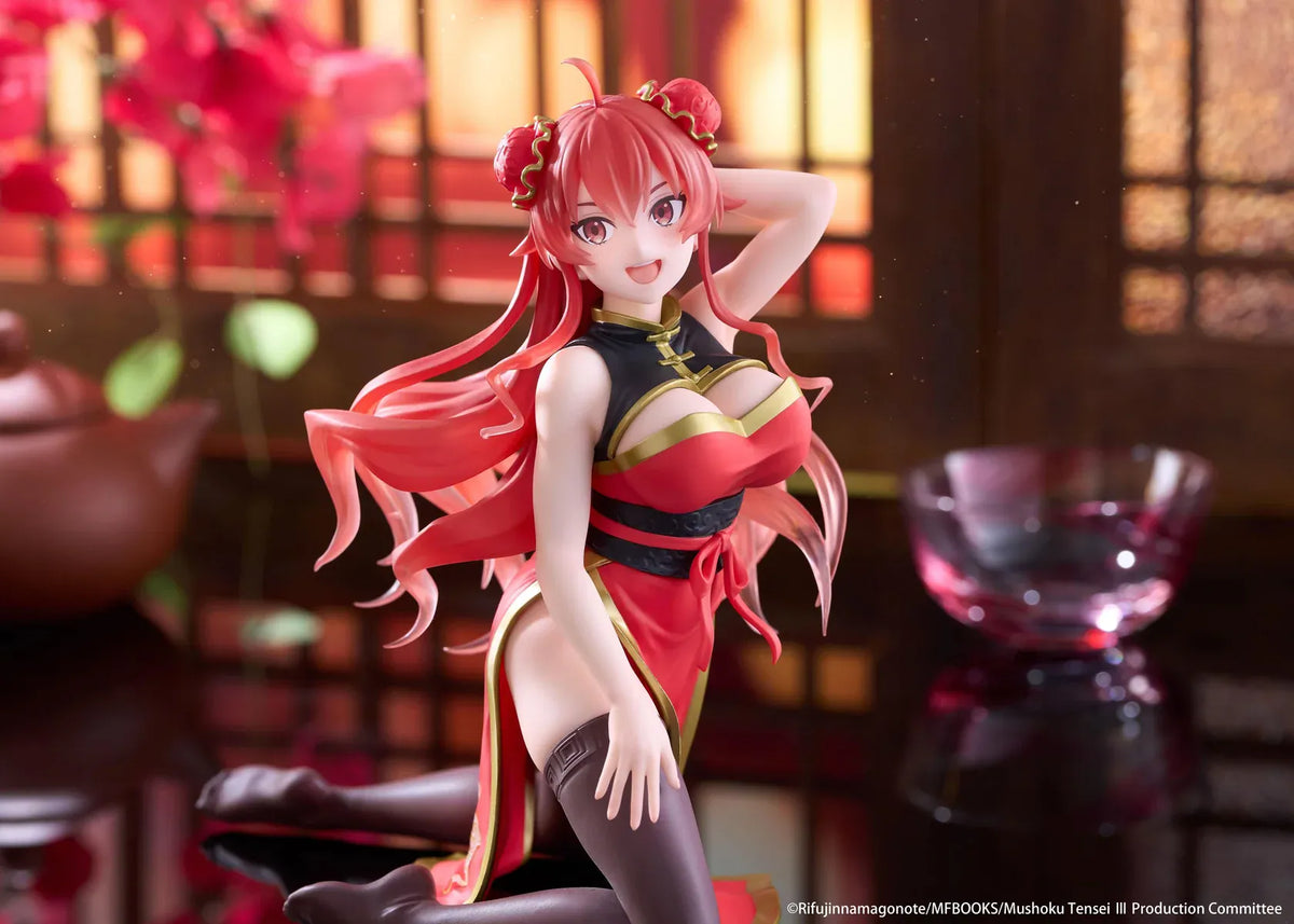 Mushoku Tensei Jobless Reincarnation Desktop Cute Eris Boreas Greyrat Chinese Dress Ver. Figure featuring long flowing red hair, red eyes, decorative twin buns, a red and black Chinese-inspired dress with gold accents, and dark thigh-high stockings in a playful kneeling pose.