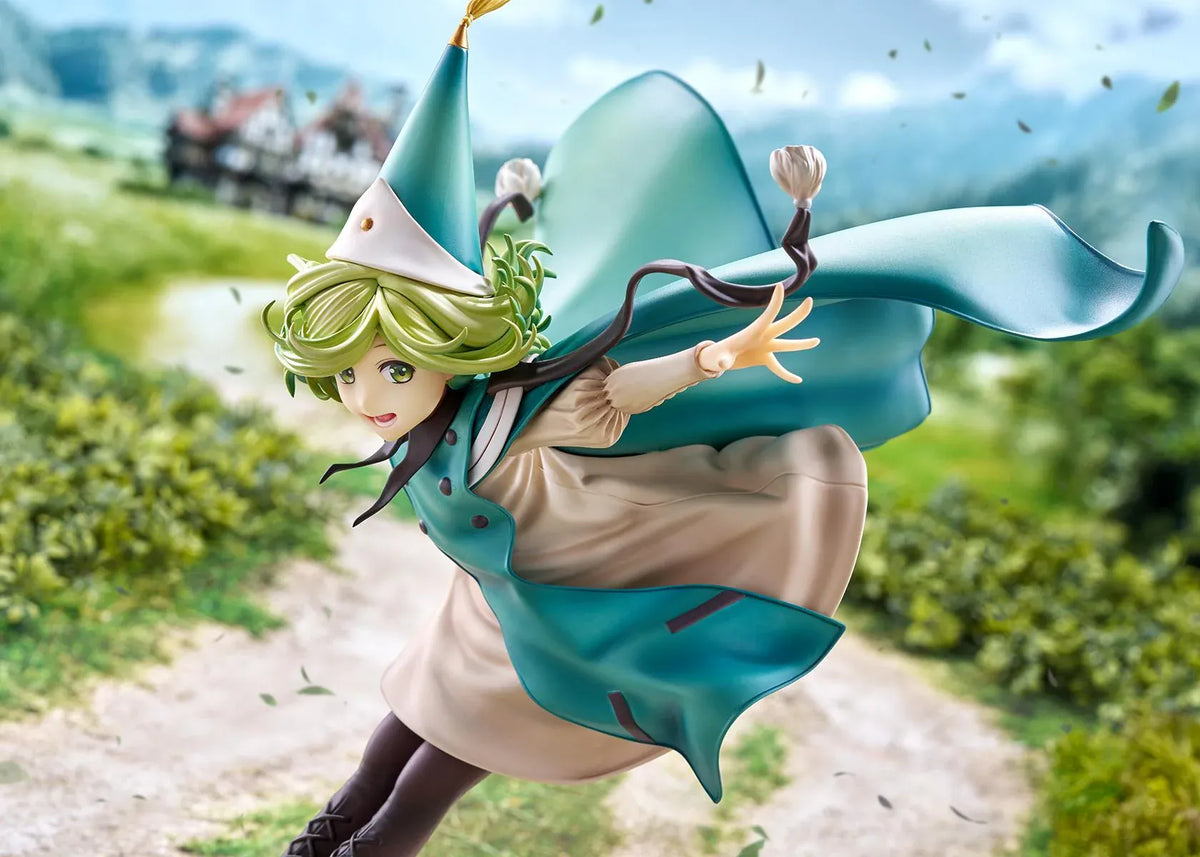 Witch Hat Atelier Coco 1/6 scale figure in a dynamic airborne pose wearing a pointed witch hat, cream dress, teal cloak, and golden shoes.