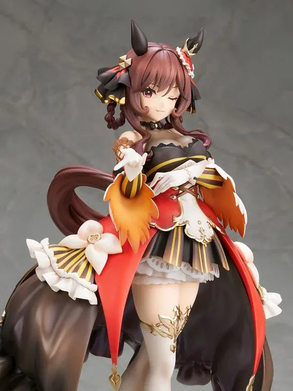 Umamusume Pretty Derby Gentildonna 1/7 Scale Figure featuring a brown-haired horse girl with a playful wink, an elaborate black, red, and gold outfit, flowing decorative fabric, white ruffles, ornate accessories, elegant stockings, and gold-accented heels standing on a red and gold circular display base.