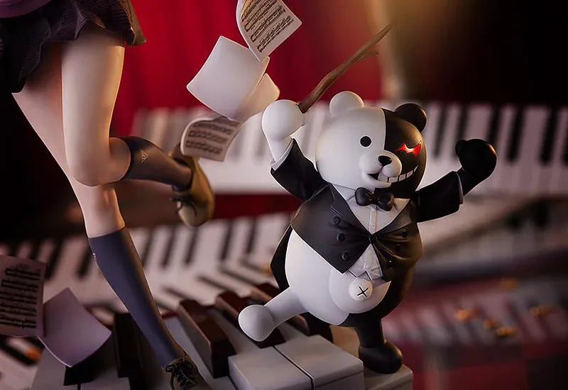 Danganronpa V3 Kaede Akamatsu 1/7 scale figure posed with floating sheet music and Monokuma on an ornate piano-key base.
