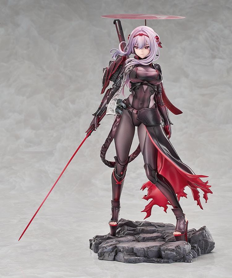 Goddess of Victory: Nikke Scarlet Black Shadow Ver 1/7 scale figure in black and red combat suit holding long blade on rocky base