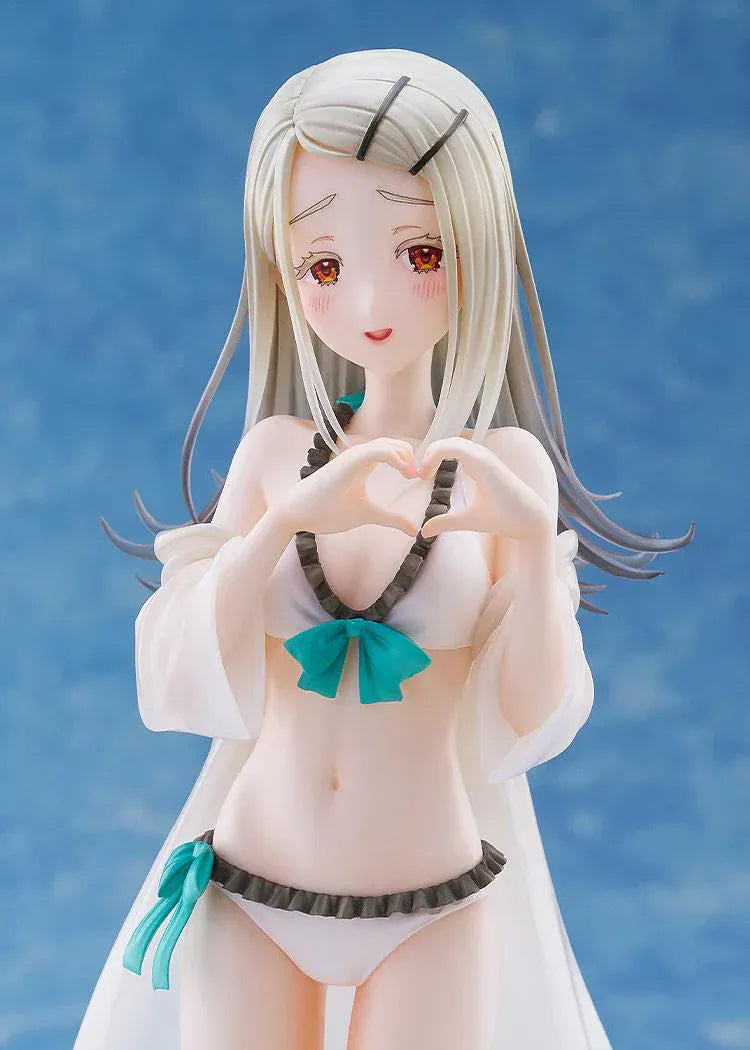 The Idolmaster Gakuen Hiro Shinosawa Swimsuit Ver 1/7 scale figure with straw hat, white swimsuit, and translucent beach cover-up on sand-style base