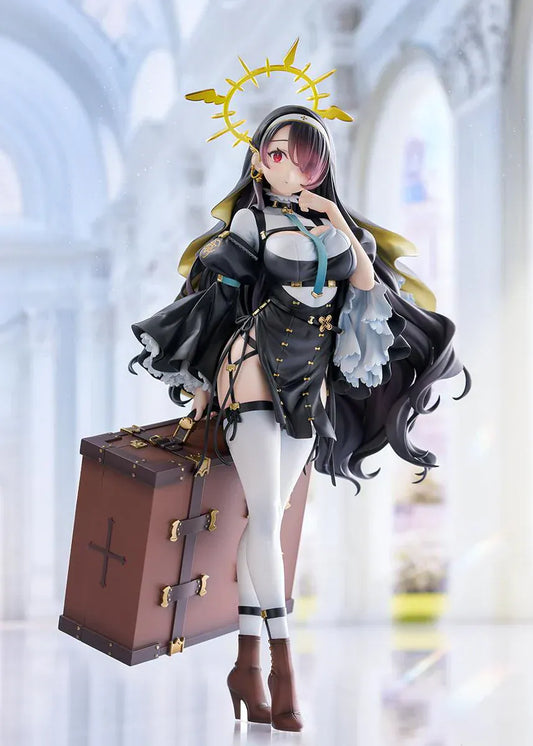 Blue Archive Hinata 1/7 scale figure with golden halo, long dark hair, black and gold outfit, white stockings, and suitcase prop
