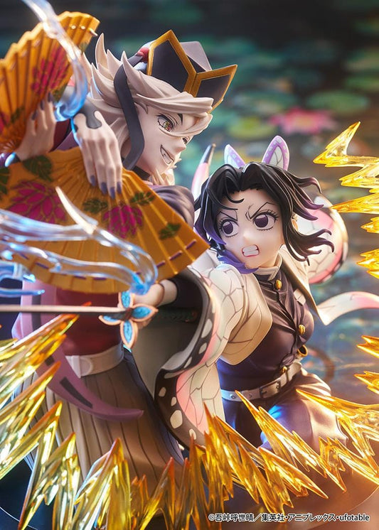 Demon Slayer Kimetsu no Yaiba Shinobu Kocho and Doma Non-Scale Figure with battle pose, translucent attack effects, fan accessory, and display base