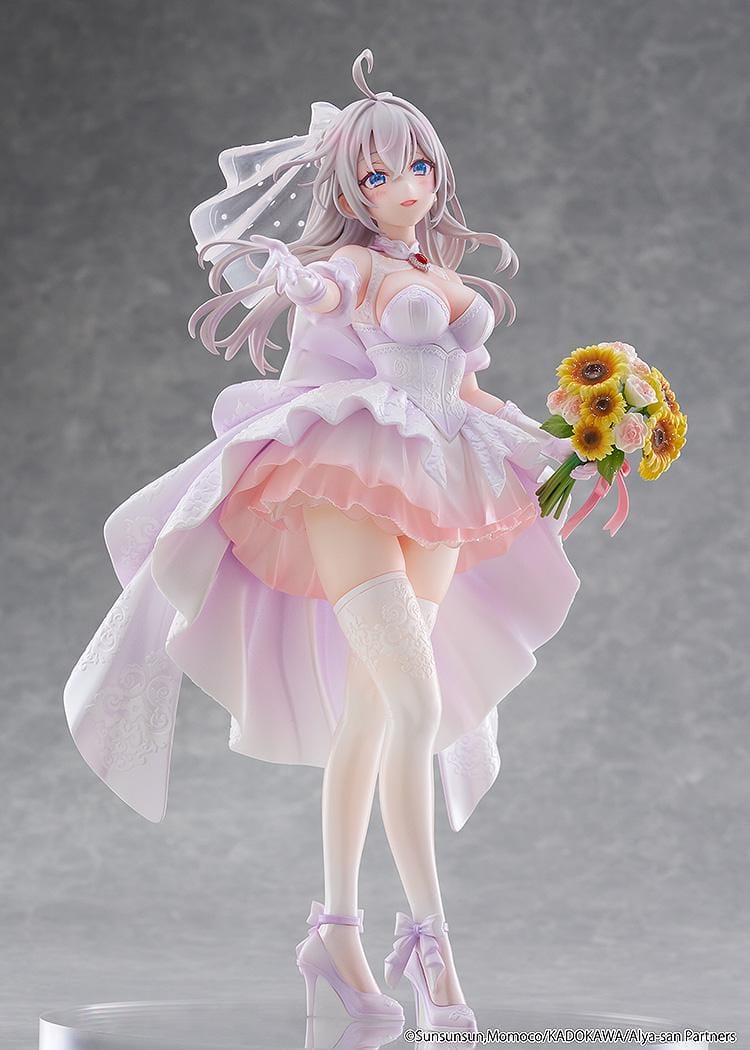 “KD Colle Alisa Mikhailovna Kujou Wedding Dress Ver. 1/7 Scale Figure standing in a flowing white and pink bridal gown holding a flower bouquet.”
