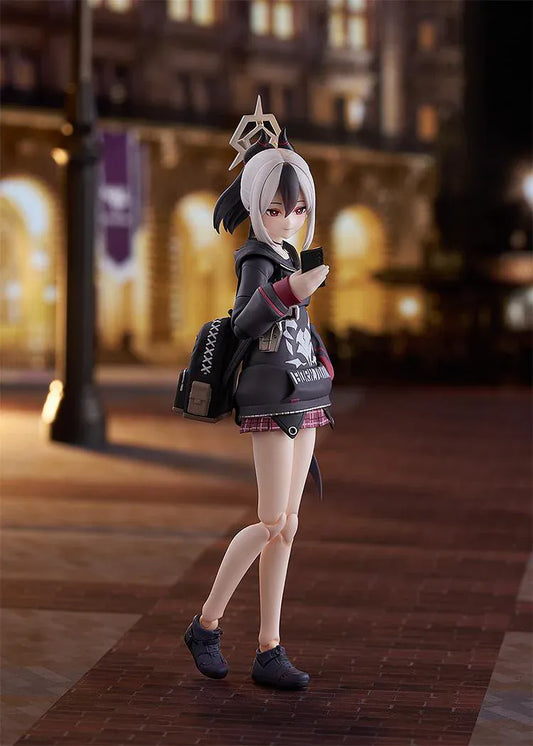Blue Archive figma Kayoko Onikata Figure with black hoodie, plaid skirt, two-tone hair, halo detail, and tail