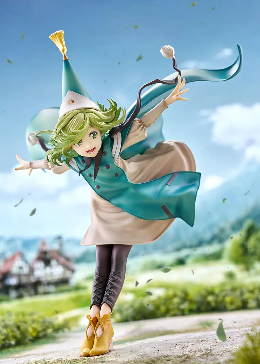 Witch Hat Atelier Coco 1/6 scale figure in a dynamic airborne pose wearing a pointed witch hat, cream dress, teal cloak, and golden shoes.
