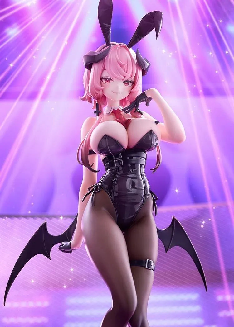 Stella Sora Bernina Bunny Ver. 1/7 Scale Figure featuring a pink-haired anime girl with reddish-pink eyes wearing a black corset-style bunny outfit, tall bunny ears, sheer tights, red heels, and bat-like wings on a purple display base.