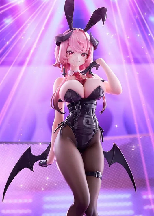 Stella Sora Bernina Bunny Ver. 1/7 Scale Figure featuring a pink-haired anime girl with reddish-pink eyes wearing a black corset-style bunny outfit, tall bunny ears, sheer tights, red heels, and bat-like wings on a purple display base.