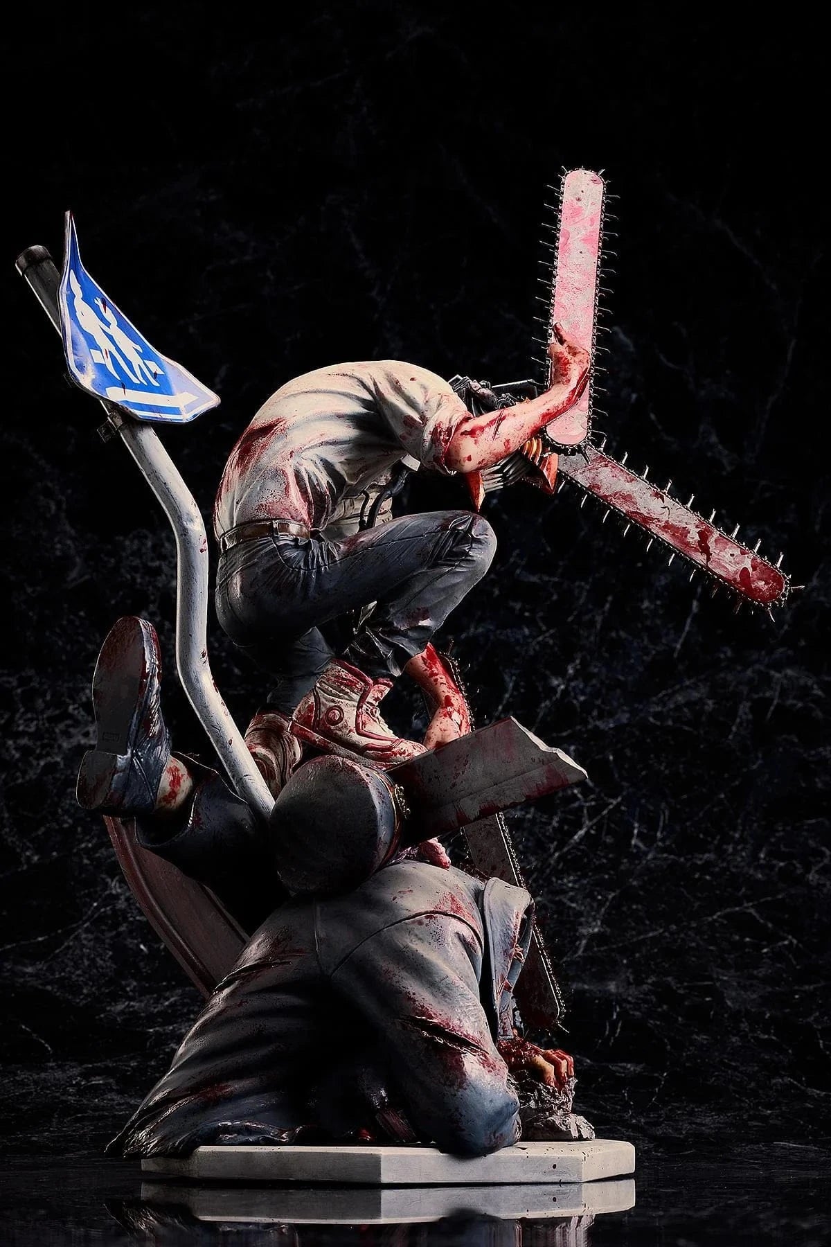 Chainsaw Man Takayuki Takeya Ver. 1/6 Scale Figure dynamic battle scene with Denji holding dual chainsaws over defeated enemy