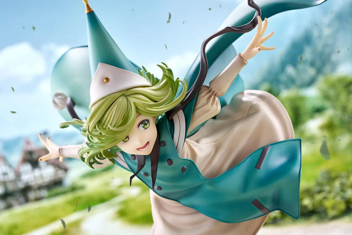 Witch Hat Atelier Coco 1/6 scale figure in a dynamic airborne pose wearing a pointed witch hat, cream dress, teal cloak, and golden shoes.