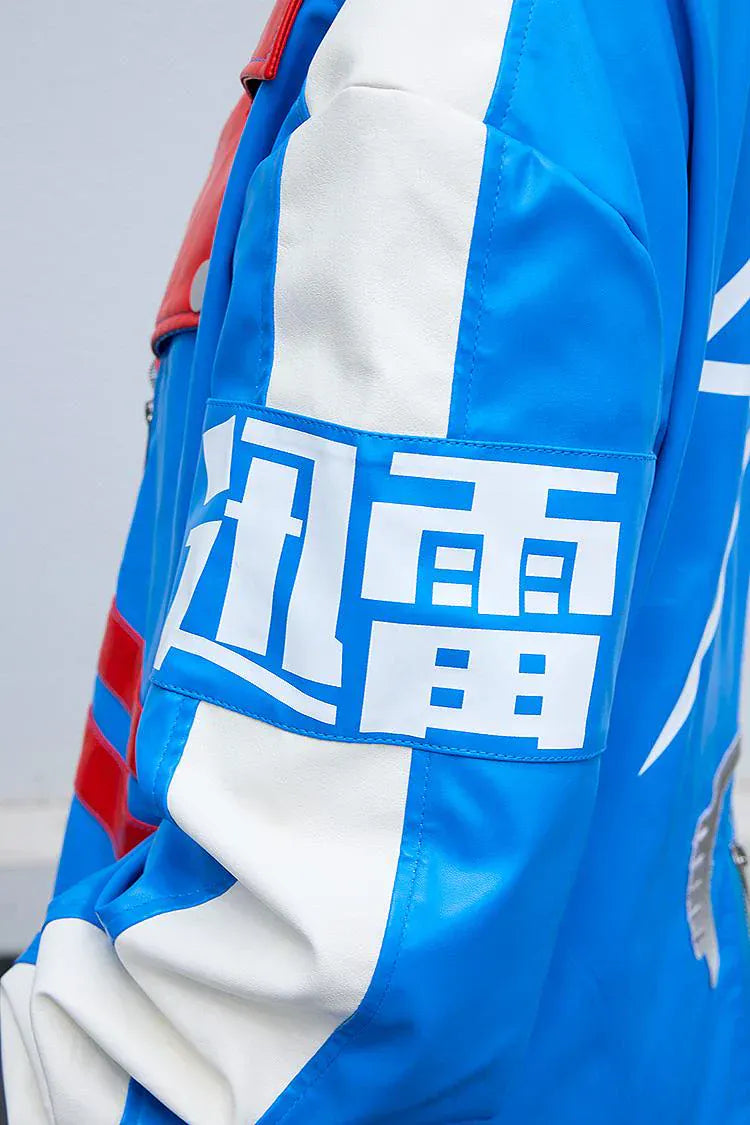 Umamusume Pretty Derby Tamamo Cross blue and red faux leather biker jacket with lightning bolt design and kanji symbols