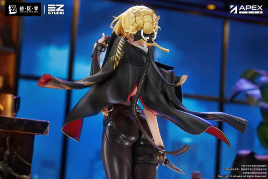 Zenless Zone Zero Evelyn Chevalier 1/7 scale figure by APEX Toys standing on display base wearing black combat outfit with red-lined cape.