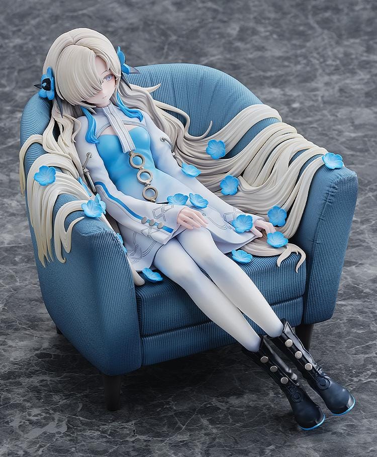 Isekaijoucho Universal Body Nemophila 1/7 scale figure sitting on blue chair with flowing silver hair and blue flower petals