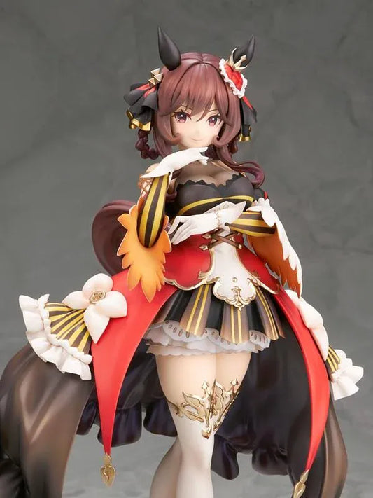 Umamusume Pretty Derby Gentildonna 1/7 Scale Figure featuring a brown-haired horse girl with a playful wink, an elaborate black, red, and gold outfit, flowing decorative fabric, white ruffles, ornate accessories, elegant stockings, and gold-accented heels standing on a red and gold circular display base.