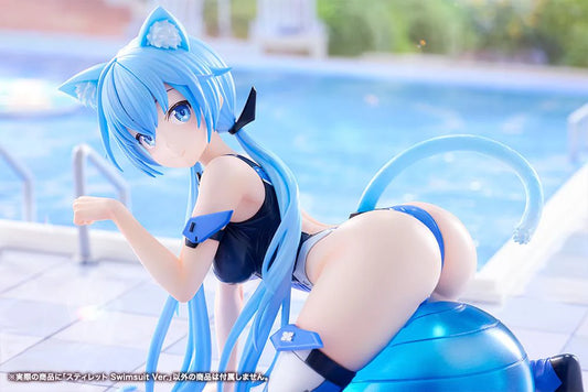 Frame Arms Girl Stylet Swimsuit Ver. Figure featuring Stylet with long light blue hair, cat ear details, blue-and-black swimsuit outfit, mechanical accessory parts, and display pose.