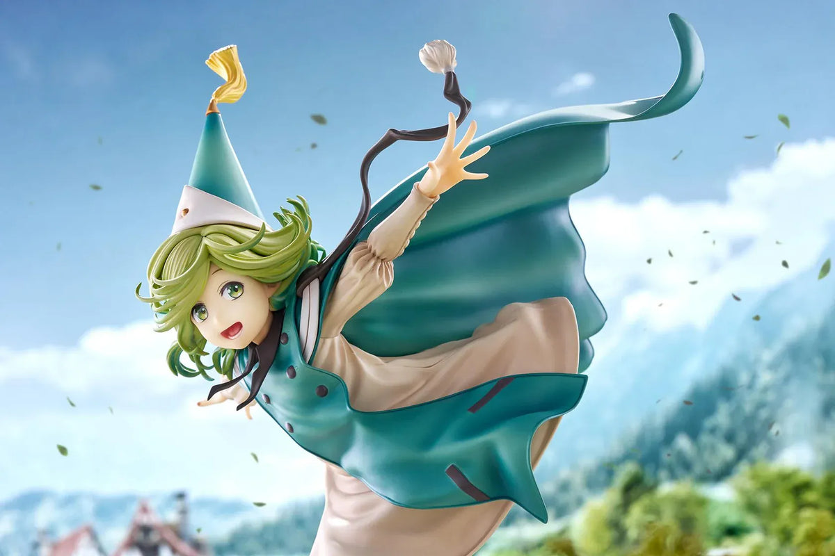 Witch Hat Atelier Coco 1/6 scale figure in a dynamic airborne pose wearing a pointed witch hat, cream dress, teal cloak, and golden shoes.