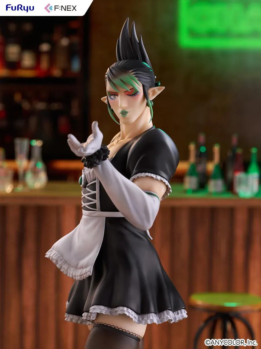 Hanabatake Chaika 1/7 Scale Figure by FuRyu F featuring a VTuber with tall black hair, green highlights, pointed ears, and a black and white maid outfit with white gloves, dark stockings, and black heels on a green circular display base.