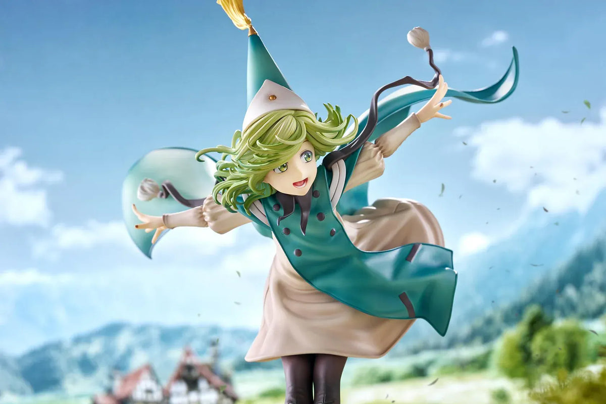 Witch Hat Atelier Coco 1/6 scale figure in a dynamic airborne pose wearing a pointed witch hat, cream dress, teal cloak, and golden shoes.
