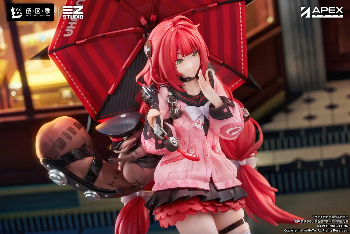 Zenless Zone Zero Yuzuha Ukinami 1/7 Scale Figure by APEX Toys featuring a red-haired anime girl with long braided twin-tails, green eyes, a pink jacket, layered red skirt, striped thigh-high stockings, and black boots while holding a large red umbrella on a circular display base.