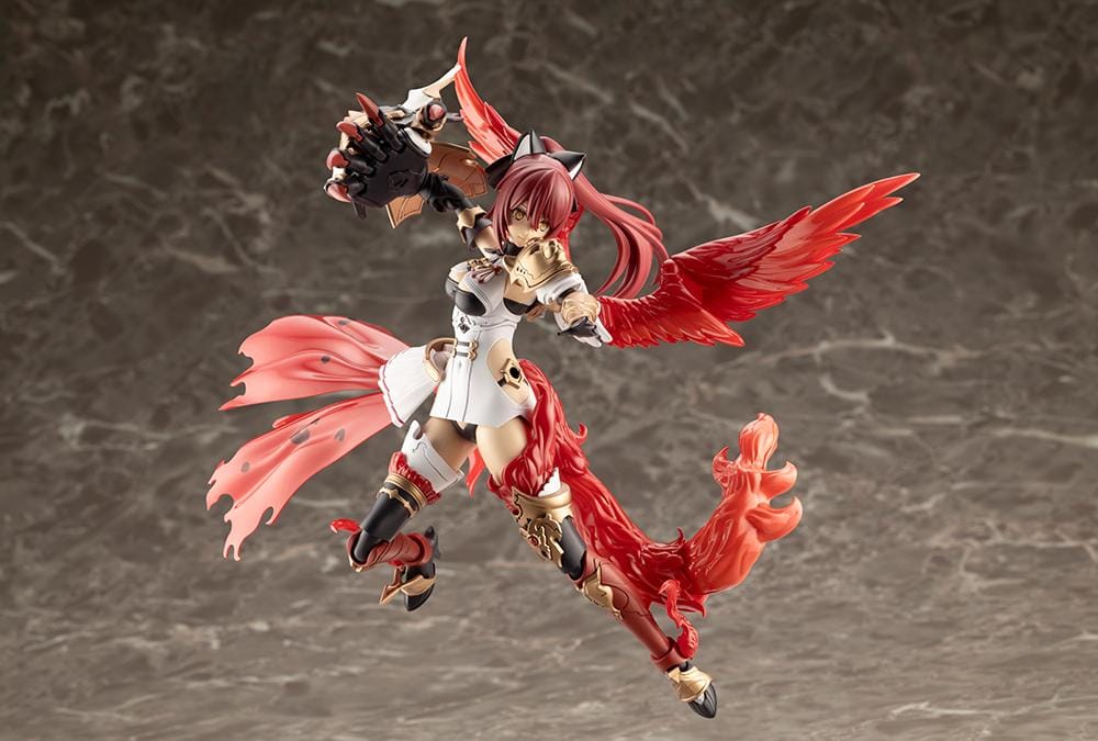 Assembled Arcanadea Charmed model kit with red hair, animal ears, a white and black outfit, gold armor accents, and a sweeping flame-like red tail.