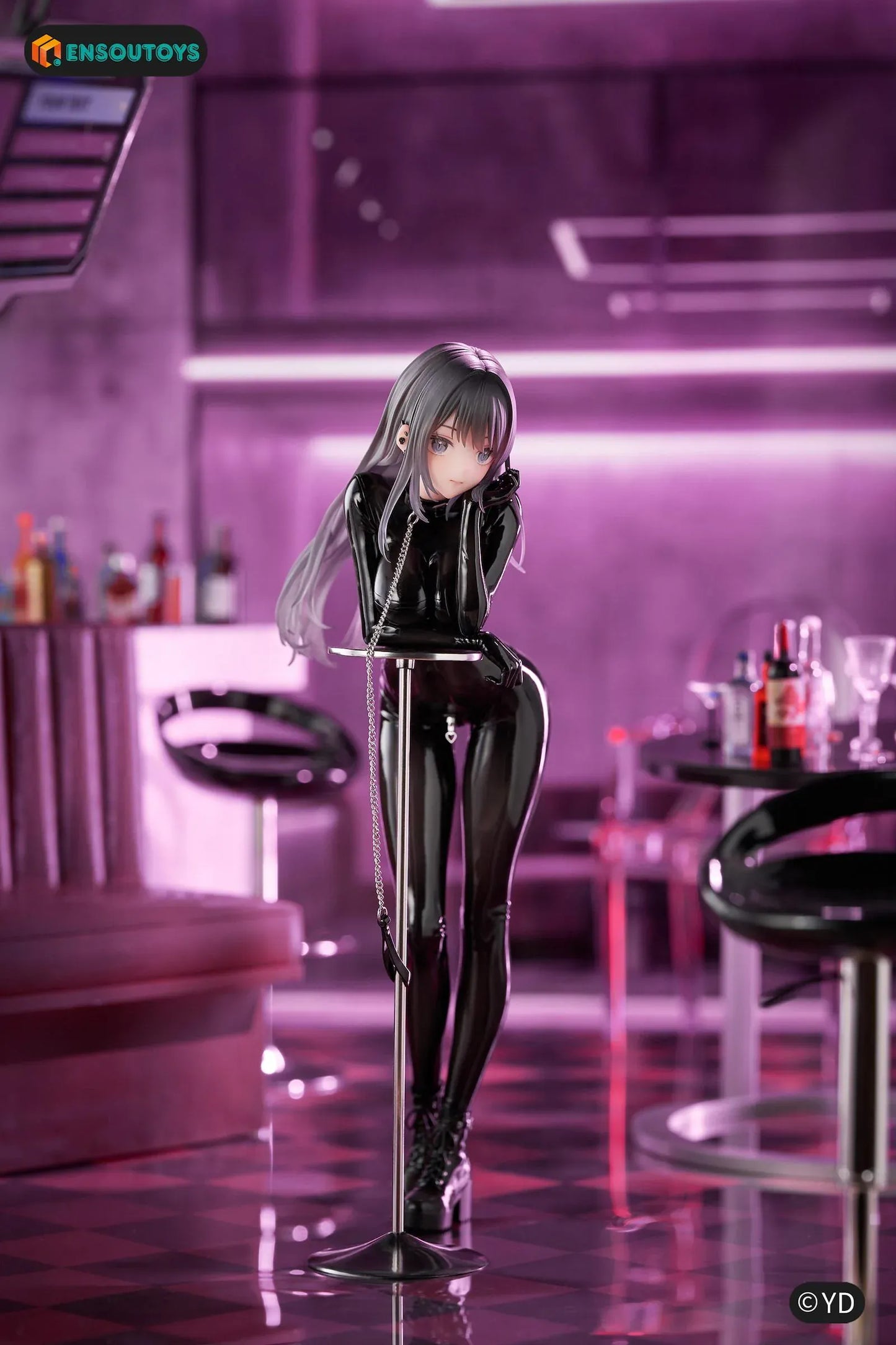 Illustration Dear My Rubber Kurokawa Miu 1/6 Scale Figure featuring Kurokawa Miu with long gray hair, blue eyes, glossy black outfit, chain accessory, and modern display pose.