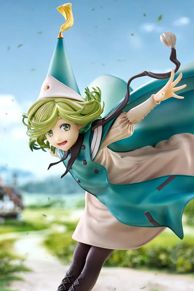 Witch Hat Atelier Coco 1/6 scale figure in a dynamic airborne pose wearing a pointed witch hat, cream dress, teal cloak, and golden shoes.