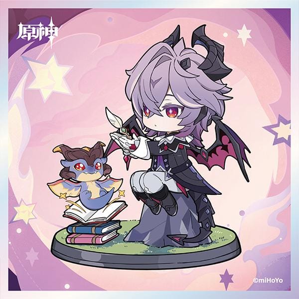 Genshin Impact Durin Floral Wanderings ver. with Bonus Non Scale Figure featuring Durin with lavender hair, horns, bat-like wings, books, companion illustration, and themed display base.