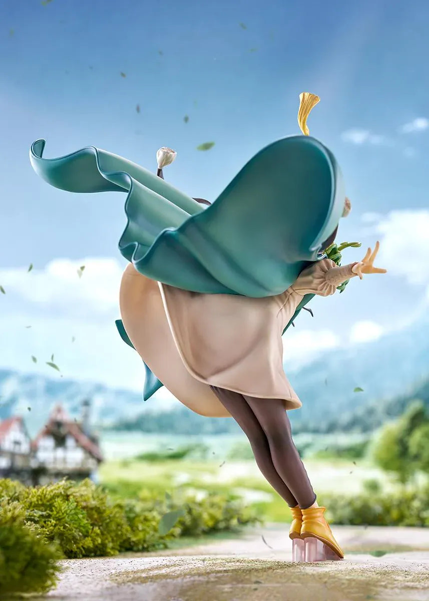 Witch Hat Atelier Coco 1/6 scale figure in a dynamic airborne pose wearing a pointed witch hat, cream dress, teal cloak, and golden shoes.